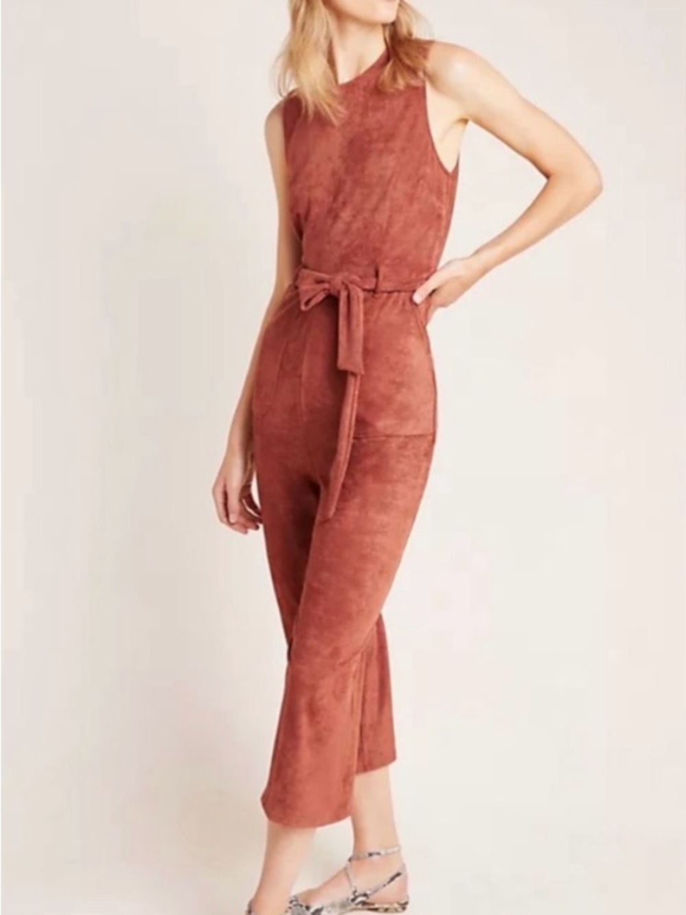Anthropologie Rust Suede-Look Sleeveless Tie-Waist Jumpsuit